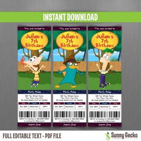 Phineas and Ferb Birthday Ticket Invitations